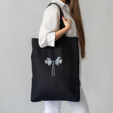 Large Black Linen - cotton Canvas Tote Bag with Genuine Leather Handles and Embroidery - RIMALINUM
