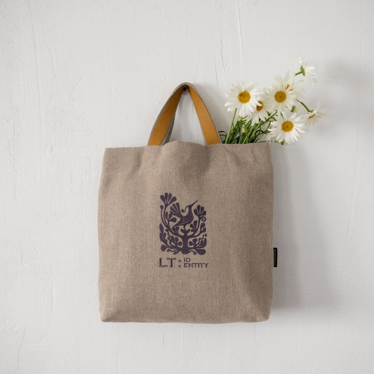 LT IDENTITY Natural Linen Bag with Lithuanian Folk Art Motives and Leather Handles - RIMALINUM