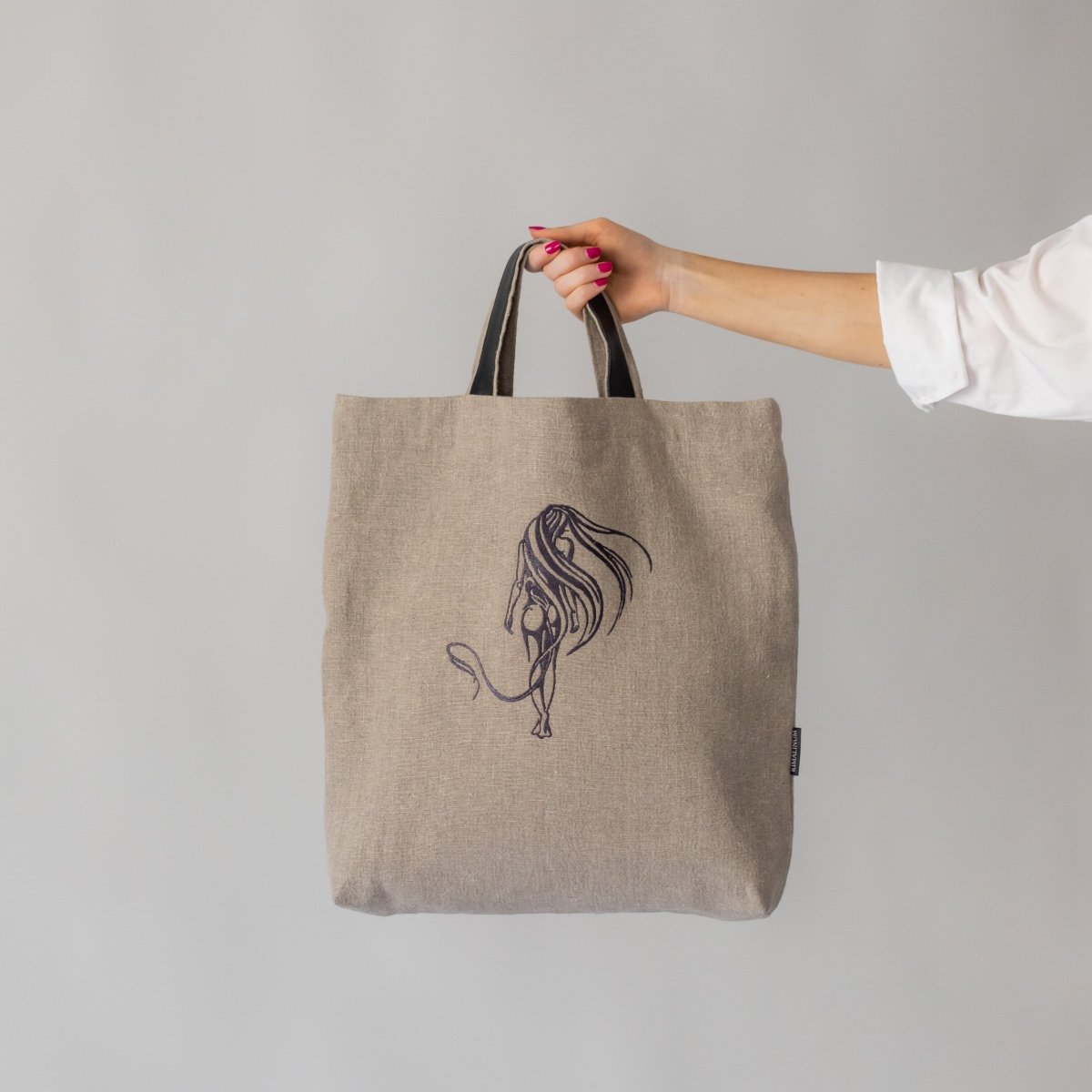 Natural Linen Bag with Girl's Figure with Long Hair Embroidery | Durable, Elegant, Exceptional Gift - RIMALINUM