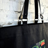Detachable genuine leather handles on handmade black tote bag