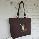 Brown Embroidered Tote Bag with Leather Handles