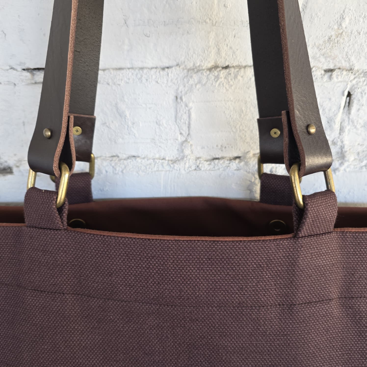 Leather strap attachment with metal hardware handmade tote bag