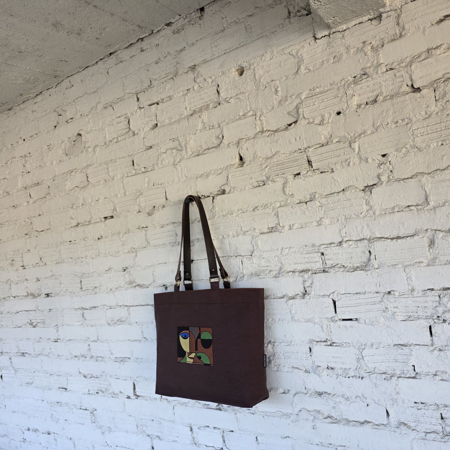 Side view brown minimalist linen tote bag large shopper