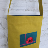 Mustard Yellow Embroidered Crossbody Bag with Poppy – Handmade Fabric Shoulder Bag