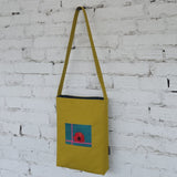 Mustard Yellow Embroidered Crossbody Bag with Poppy – Handmade Fabric Shoulder Bag