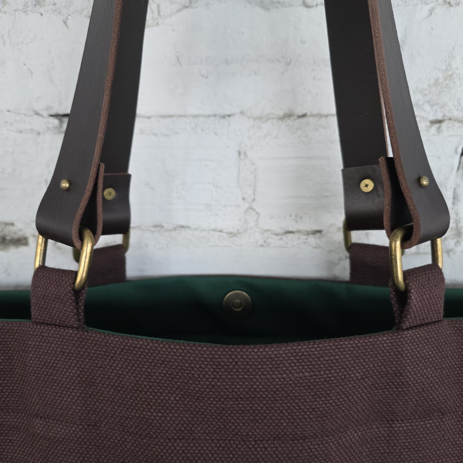 Genuine brown leather detachable handles with brass rings on handmade canvas tote bag