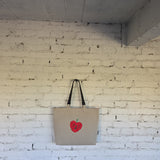 Large handmade linen tote bag with natural linen fabric, leather handles, and artisan craftsmanship