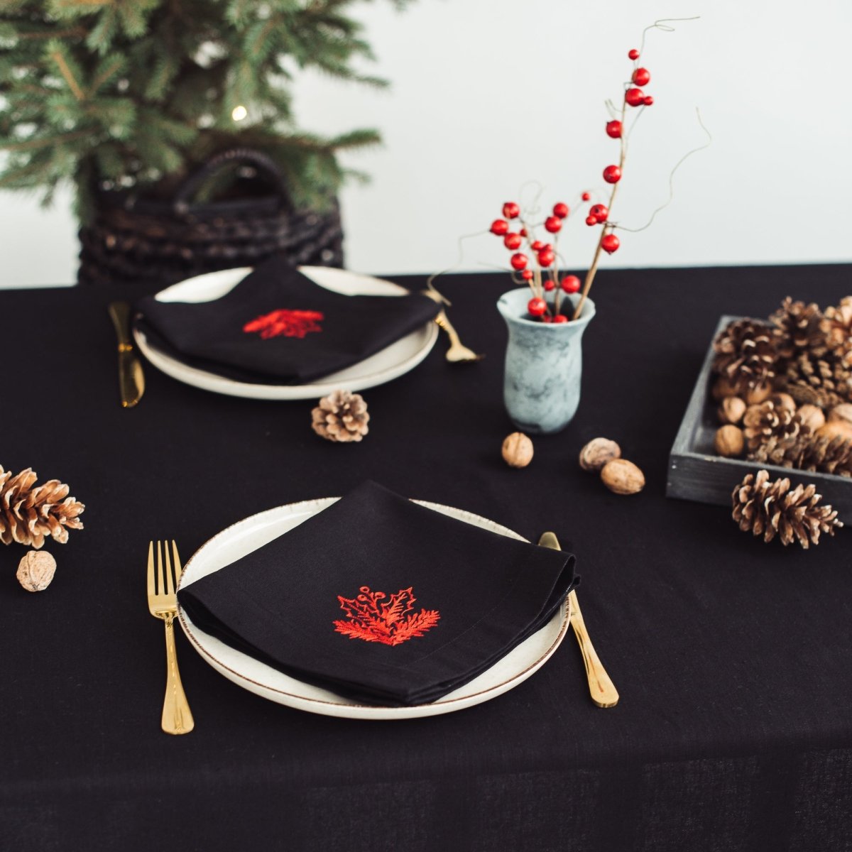 Black Linen Napkin with Red Holly Embroidery | Elegant Christmas Table Decor 2025 | Sets of 2, 4, or 6 - RIMALINUM