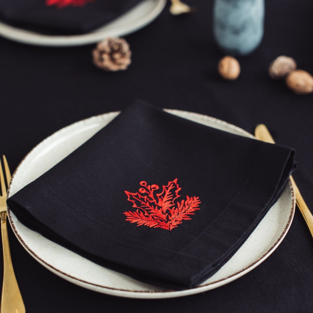 Black Linen Napkin with Red Holly Embroidery | Elegant Christmas Table Decor 2025 | Sets of 2, 4, or 6 - RIMALINUM