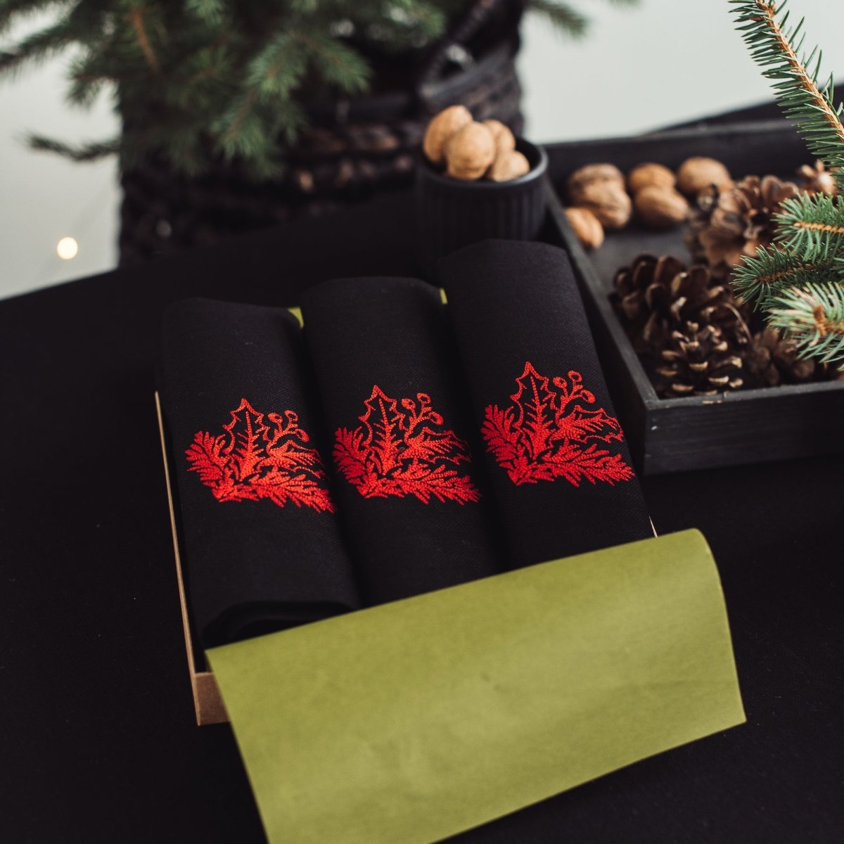 Black Linen Napkin with Red Holly Embroidery | Elegant Christmas Table Decor 2025 | Sets of 2, 4, or 6 - RIMALINUM