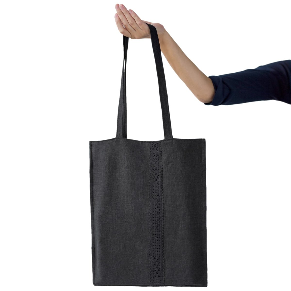 Black Tote Bag with a Vertical Lace Tape | Slender and Comfortable Shoulder Bag - RIMALINUM