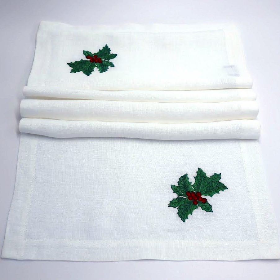 Christmas Linen Table Runner with Holly Embroidery - RIMALINUM