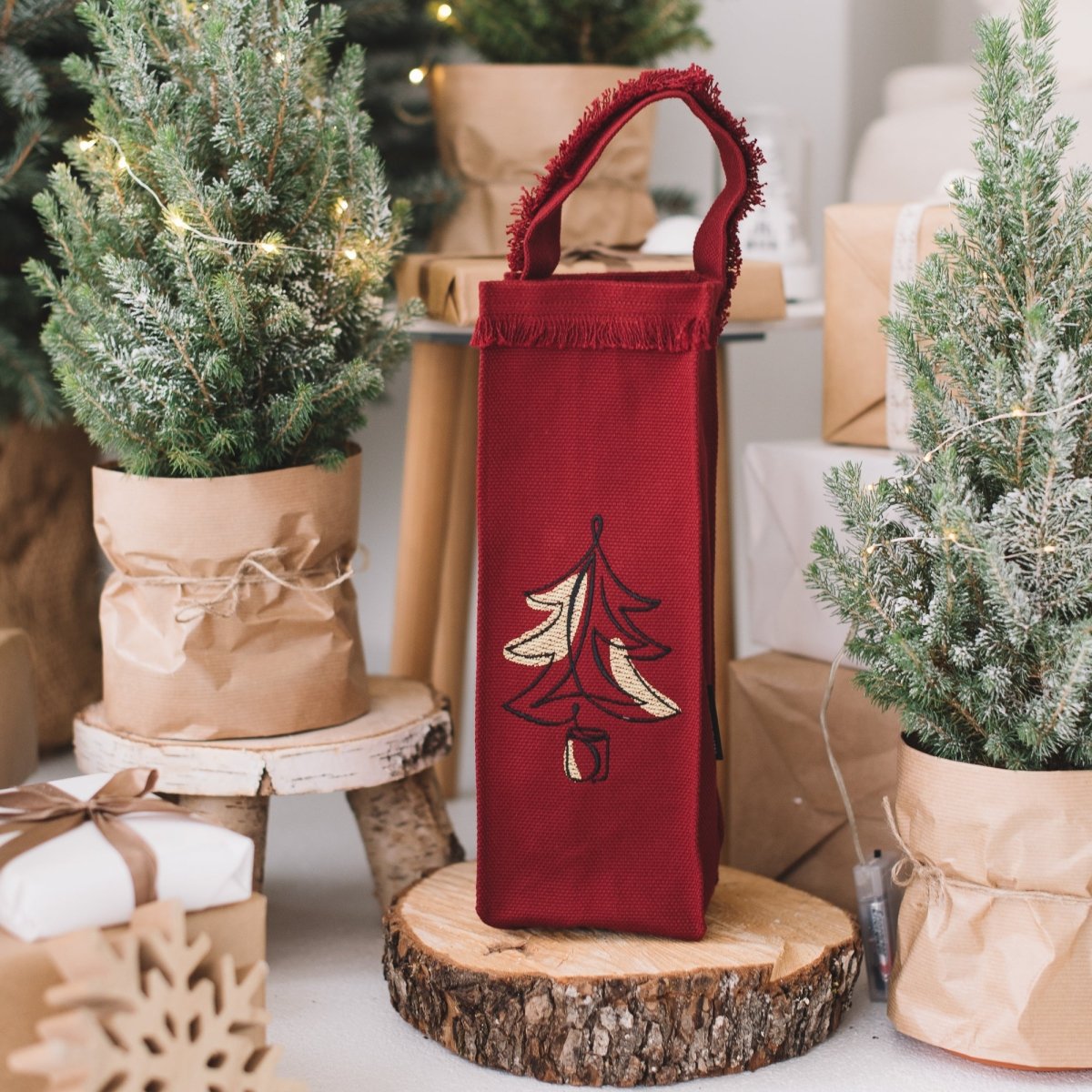 Christmas Tree Embroidered Wine & Liquor Carrier Bag - 100% Cotton - RIMALINUM