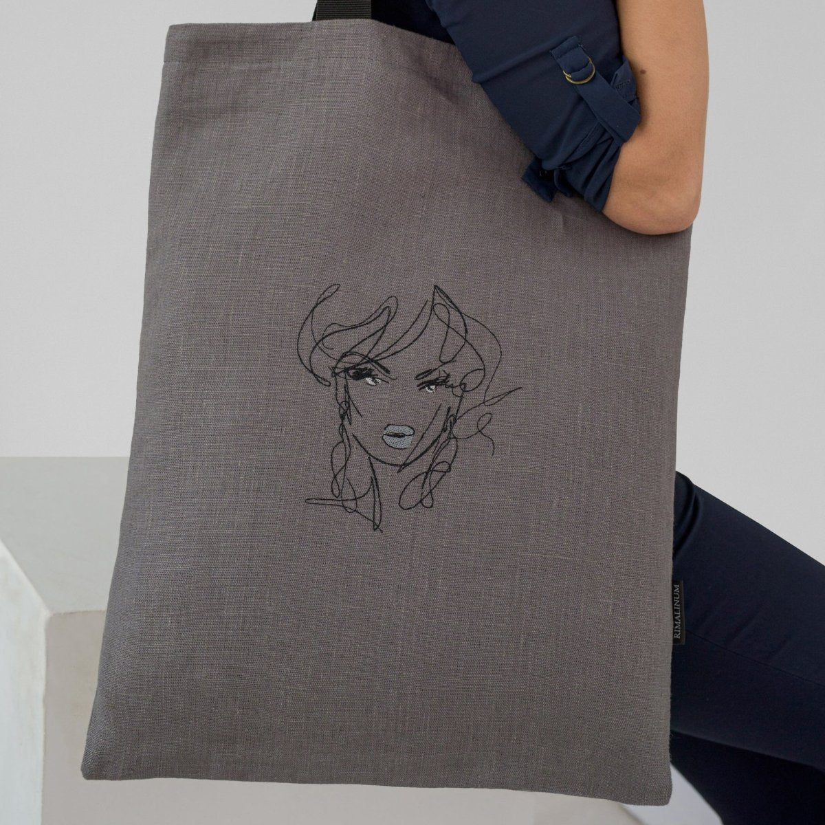 Grey Linen Tote Bag with Girl's Face Embroidery and Inside Slip Pockets - RIMALINUM