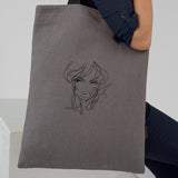 Grey Linen Tote Bag with Girl's Face Embroidery and Inside Slip Pockets - RIMALINUM