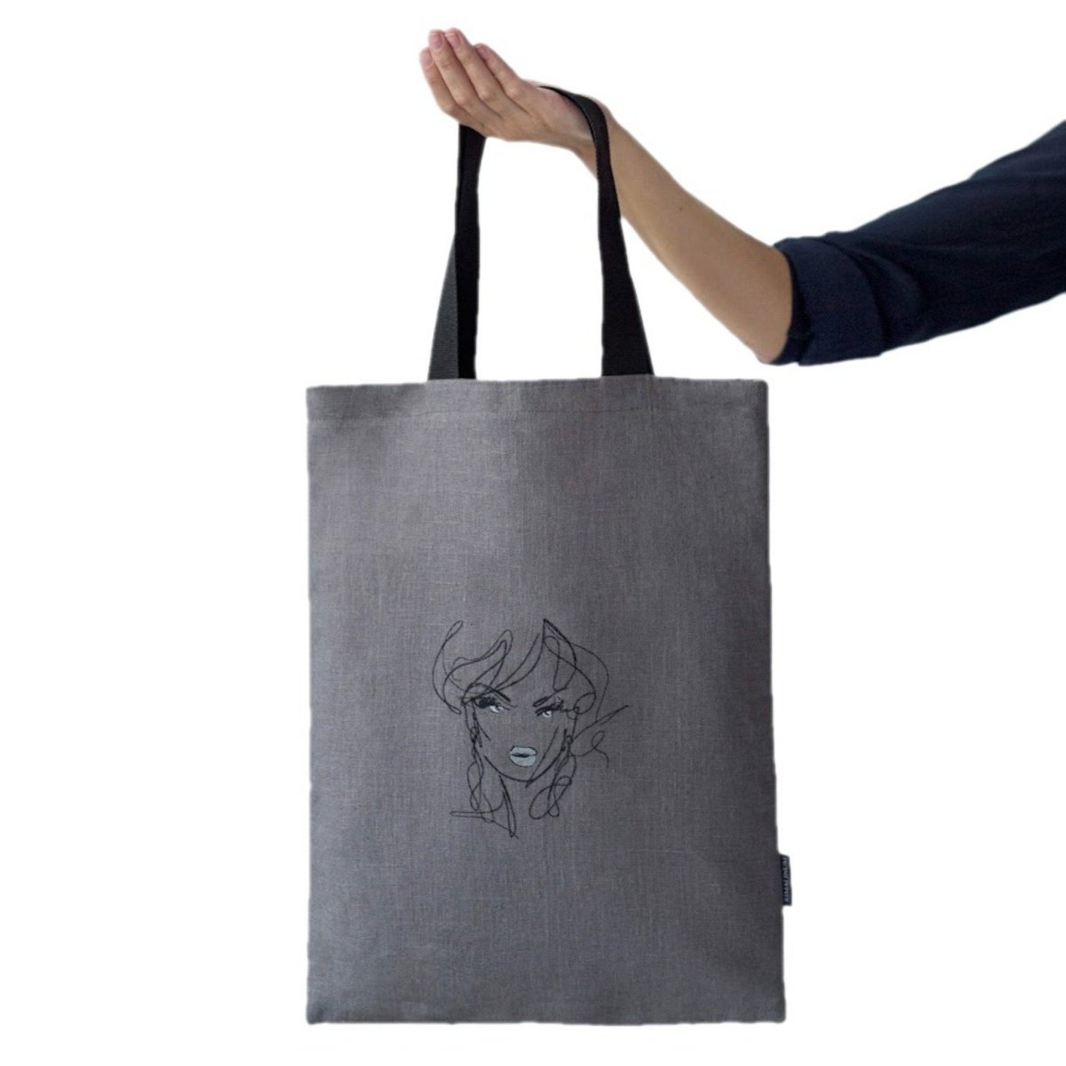 Grey Linen Tote Bag with Girl's Face Embroidery and Inside Slip Pockets - RIMALINUM