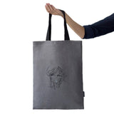 Grey Linen Tote Bag with Girl's Face Embroidery and Inside Slip Pockets - RIMALINUM