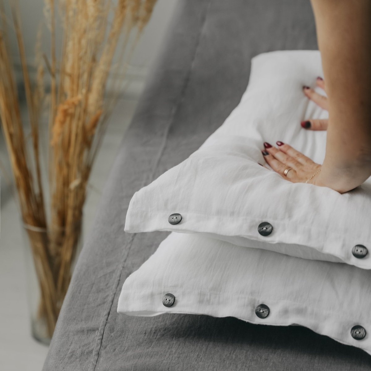 Linen Pillowcase "Mariana" | Linen Pillow Shams With Side Buttons | White and Grey Pillow Covers | Antistatic - RIMALINUM